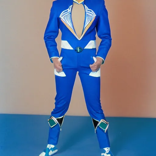 Image similar to a photograph of a power Ranger wearing a dolphin themed blue and white suit, 80s aesthetic