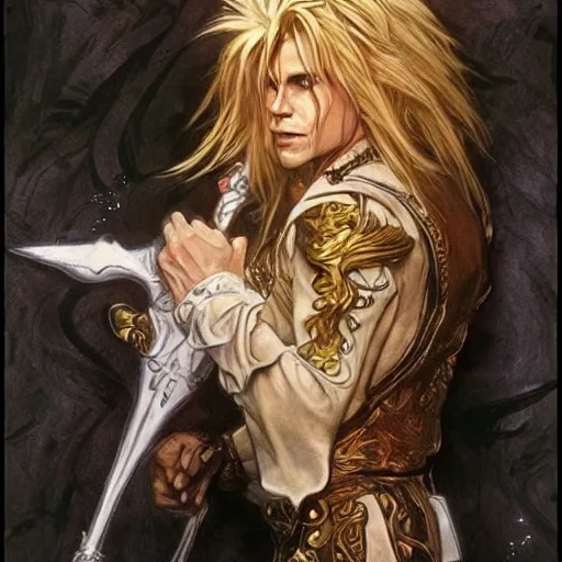 Image similar to amazing lifelike award winning pencil illustration of Jareth from Labyrinth trending on art station artgerm Greg rutkowski alphonse mucha cinematic
