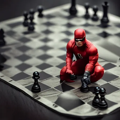 Image similar to daredevil playing chess, octane, realistic photograph, marvel