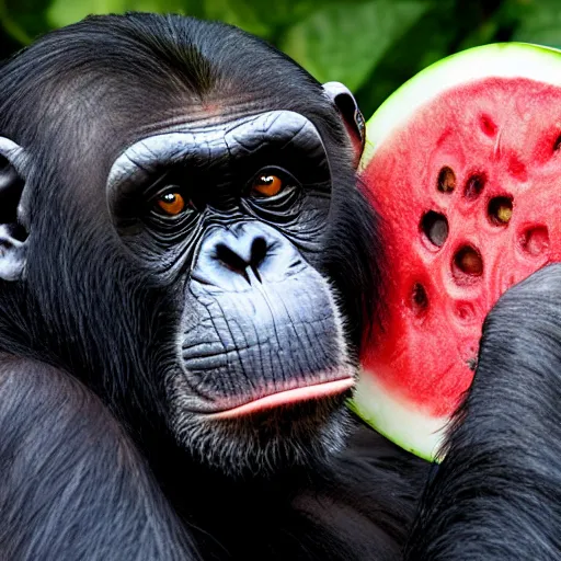 Image similar to Eyes in the size of a watermelon, in the face of a chimpanzee.