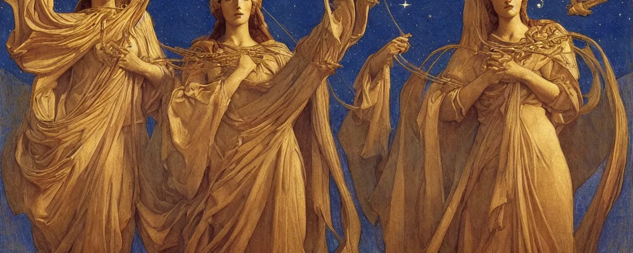 Prompt: saint woman, venus, athena, queen, by annie swynnerton and nicholas roerich and jean delville, strong dramatic cinematic lighting, ornate headdress, flowing robes, lost civilizations, smooth, sharp focus, extremely detailed, marble, stars, gold, space