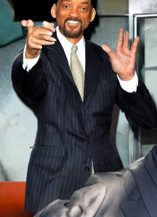 Image similar to Will Smith in a suit with an enormous hand