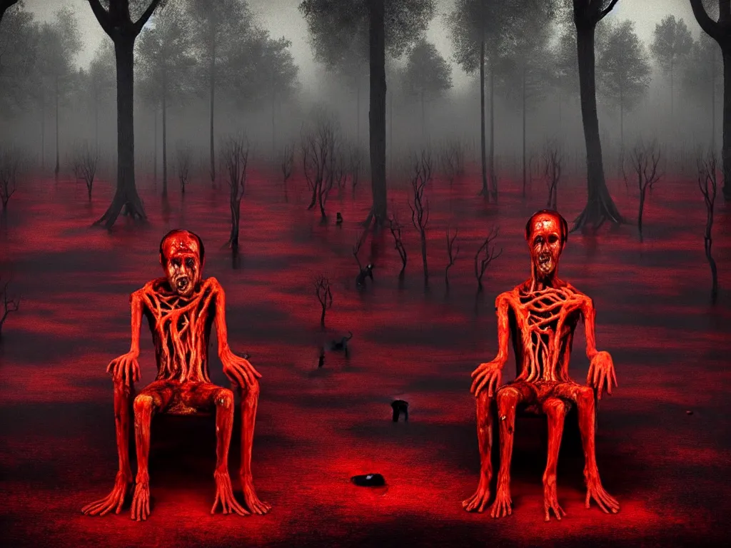 Prompt: a dream of a man with five heads, twelve arms, sitting on chair made of human limbs, the chair is floating in a lake of blood, around the lake are melting trees, the man's limbs are merging with the trees, found on artstation, hyperrealistic nightmare scene, supernatural, highly detailed, creepy, terrifying