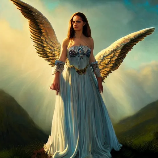 Image similar to royalty angel, big wings, argentina, natalie portman, hudson river school, max rive, full plate armor, f 1 6, bokeh, gentle, female, snowy mountain, storm clouds, god rays, close up portrait, d & d, fantasy, elegant, teal pink white gold color palette, concept art, roger deakins and greg rutkowski and alphonse mucha