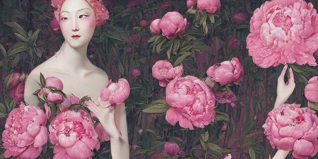 Image similar to breathtaking detailed concept art deco painting blend of pink short hair goddesses of peonies by hsiao - ron cheng with anxious piercing eyes, vintage illustration pattern with bizarre compositions blend of flowers and fruits and birds by beto val and john james audubon, exquisite detail, extremely moody lighting, 8 k