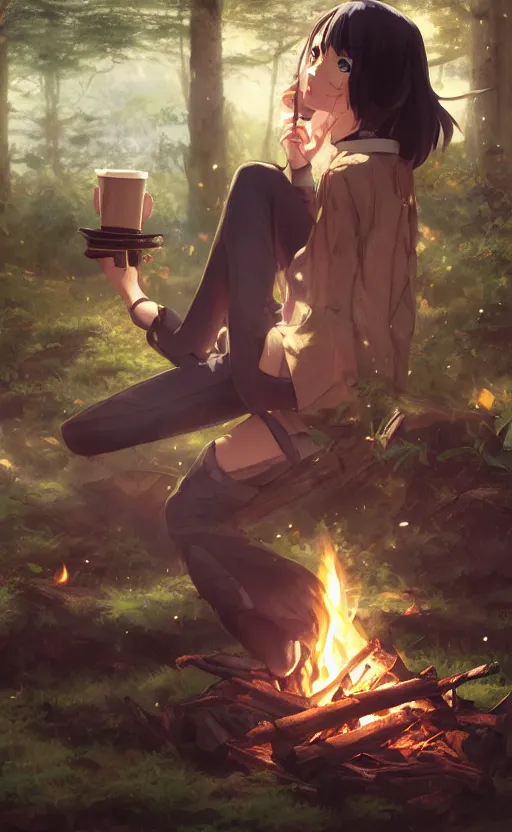 Prompt: An anime girl by WLOP with short black hair and green eyes in a tan trenchcoat sitting on a log and drinking tea by the campfire by her motorcycle at night under the stars, evocative, mystical night, very very very very detailed, award winning, masterpiece digital painting by Greg Rutkowski, Alex Grey, artstation, 4k wallpaper