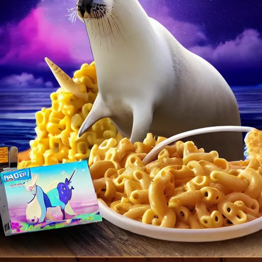 Prompt: A group photo of a seal, a unicorn, and a box of mac and cheese, ultra realistic, photography, 4k, hd, hq