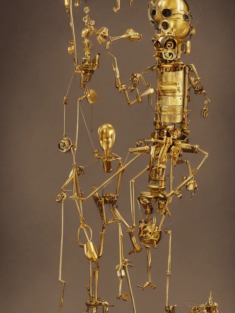 Prompt: a mechanical marionette of a man in a suit made of brass and gold by peter mohrbacher, photorealistic, puppet, strings, 8 k