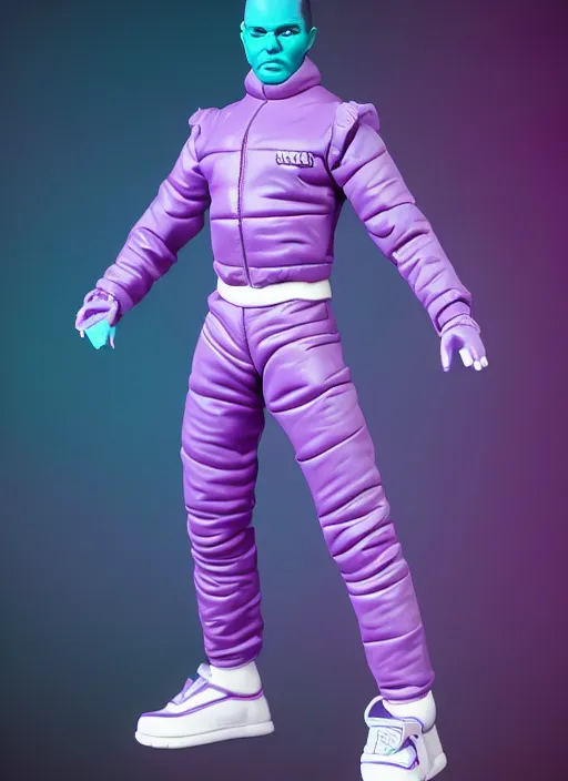 Prompt: accurate detailed pvc inflatable purple & teal colored action figure god, full body, futuristic, concept art, character only, detailed art, adidas streetwear, figurine!!!, studio lighting, grey background, no shadow, trending on artstation, 4 k, sharp, highly - detailed, focus on face!!!