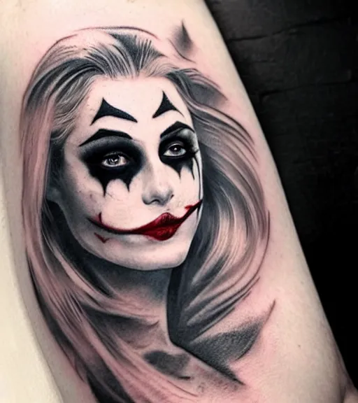 Image similar to tattoo design sketch of a beautiful blonde girl portrait with joker makeup, in the style of den yakovlev, realistic face, black and white, realism tattoo, hyper realistic, highly detailed