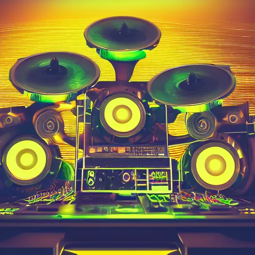 Image similar to album art, the band name is roborock, energetic trance music, band with 3 steampunk robots on a dj desk with a cd mixer, 8 k, flourescent colors, halluzinogenic, multicolored, exaggerated detailed, front shot, 3 d render, octane