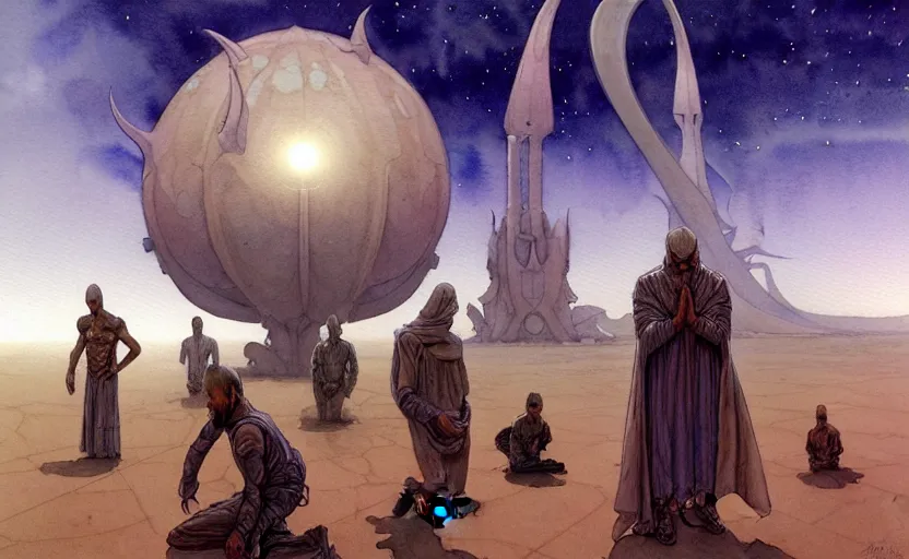 Image similar to a hyperrealist watercolour character concept art portrait of a group of middle eastern men kneeling down in prayer to a tall elegant lovecraftian alien on a misty night in the desert.. a battlecruiser starship is in the background. by rebecca guay, michael kaluta, charles vess and jean moebius giraud