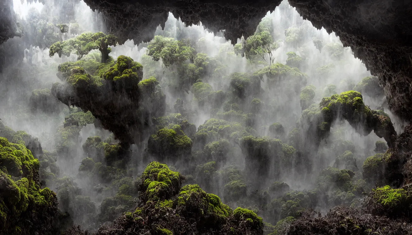 Image similar to wet expansive caves with growing fungal mycelium biodiversity ,deep boiling pools of water reflecting the surfaces around them spraying steam high into the air , small futuristic cities emerge in between the rock formations, dramatic dusk sun illuminates areas and cast strong shadows, volumetric light through the boiling mist ,detailed entangled fibres carpet the fallen rocks , tree roots puncture and crack rocks , stormy clouds gather in the distance ,full colour , upscale , 8k