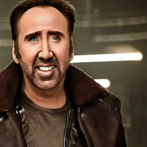 Image similar to glamour photo shot of nicolas cage with crazy grin and dramatic lightning and backlightning, bladerunner 2 0 4 9, highly detailed