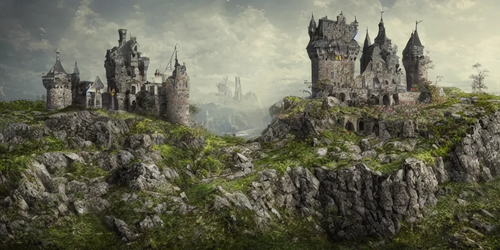 Prompt: a abandoned castle on the edge of a high cliff, 8 k, shallow depth of field, intricate detail, concept art,