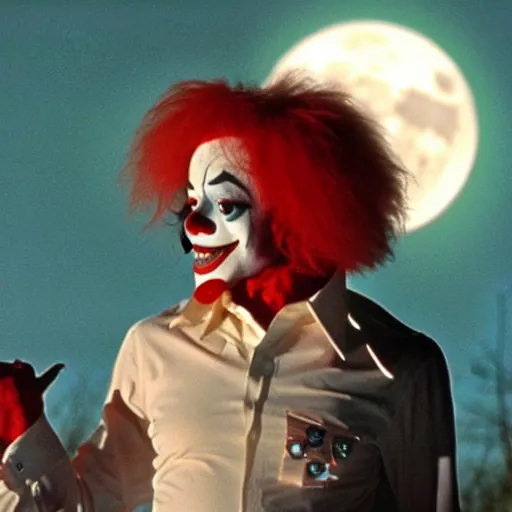 Image similar to a cinematic film still from a 1980s horror film about a Michael Jackson clown, vintage, color film still, moon lighting