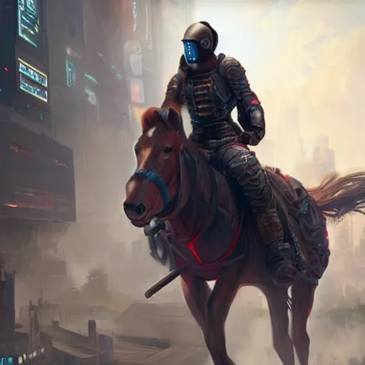 Prompt: nomad riding a horse with computer attached cyberpunk trending on artstation 8k