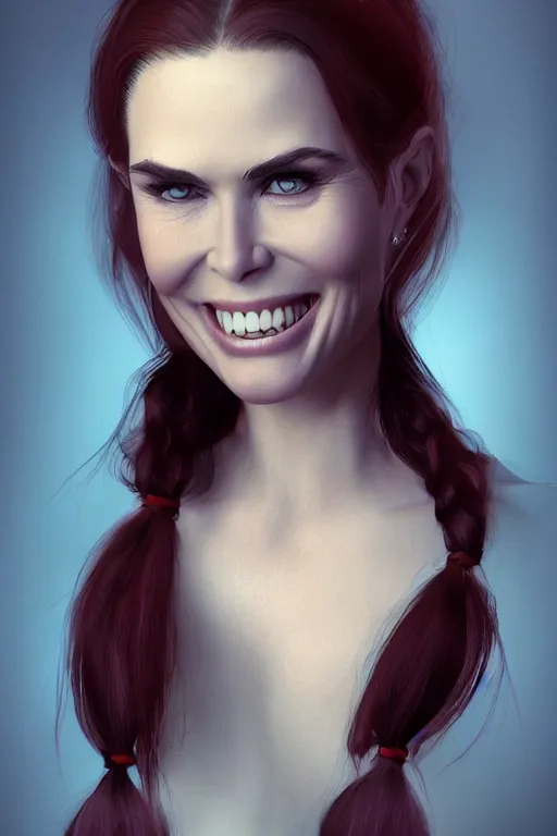 Image similar to mix of beautiful young maria shriver, mariel hemmingway, brooke shields, nicole kidman and elle macpherson as a vampire showing vampire teeth, ready to bite, thin lips, hair tied up in a pony tail, dark blonde hair, colorful, artstation, cgsociety