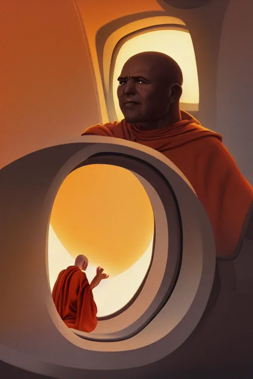 Image similar to portrait of a monk in a spaceship, looking out of a round window at nebula, orange robe, dramatic lighting, artstation, matte painting, ralph mcquarrie