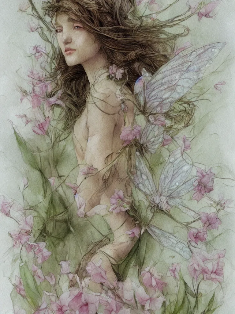 Image similar to study of a flower fairy, illustration, watercolor, alan lee, detailed, pretty, ethereal, realistic, artstation,
