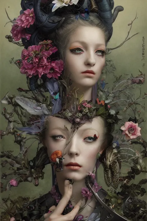 Image similar to a portrait photograph of a tiefling with a scaled skin transforming into a flower wearing a harajuku fashion and a tactical suit. by tom bagshaw, donato giancola, hans holbein, walton ford, gaston bussiere, brian froud, peter mohrbacher and magali villeneuve. 8 k, hyperrealism, fashion editorial.