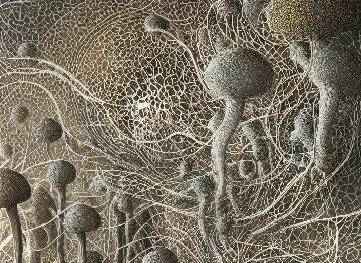 Prompt: a 3 d fungal world of mushroom fractals in the style of graffuturism, intricate mycelial lace, ultra detailed, by peter mohrbacher & james jean & william morris & ernst haeckel & zaha hadid