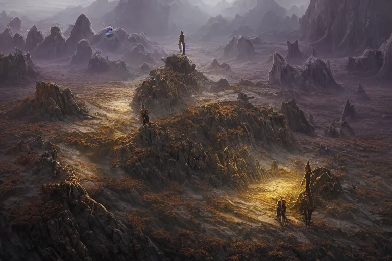 Prompt: high aerial shot, fantasy landscape, sunset lighting ominous shadows, cinematic fantasy painting, dungeons and dragons, barren dry land, desert valley of bones, isolated autumn maple bonsai, by jessica rossier and brian froud and hr giger