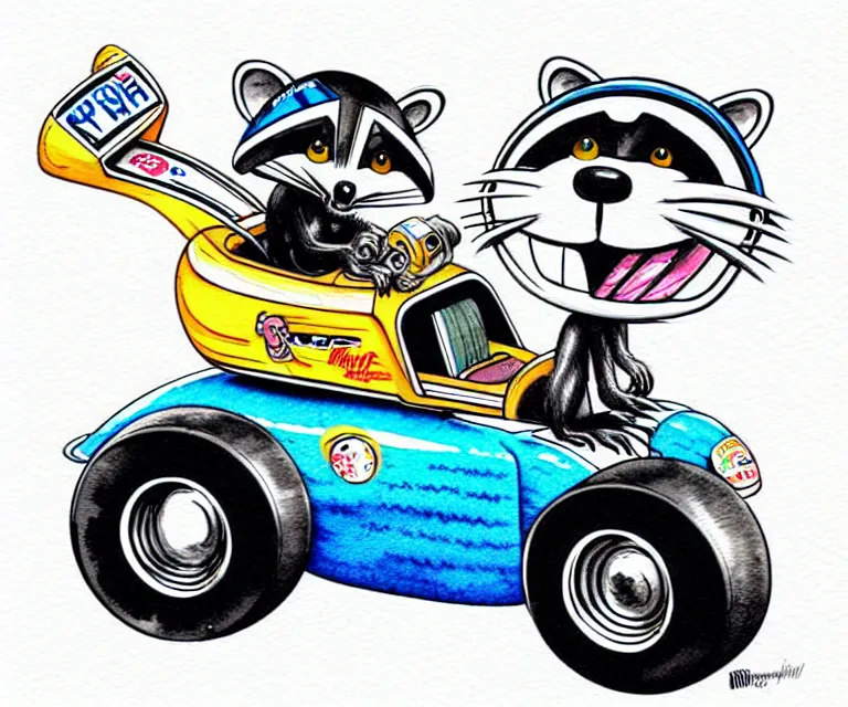 Image similar to cute and funny, racoon wearing a helmet riding in a tiny top fuel dragster funny car, ratfink style by ed roth, centered award winning watercolor pen illustration, isometric illustration by chihiro iwasaki, edited by range murata