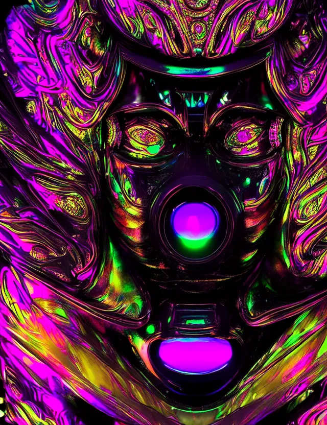 Image similar to highly detailed digital art rendering of a beautiful futuristic iridescent geisha mask with glowing eyes. black background. gritty textures. unreal engine, redshift, blender. psychedelic art. trending on artstation, behance.