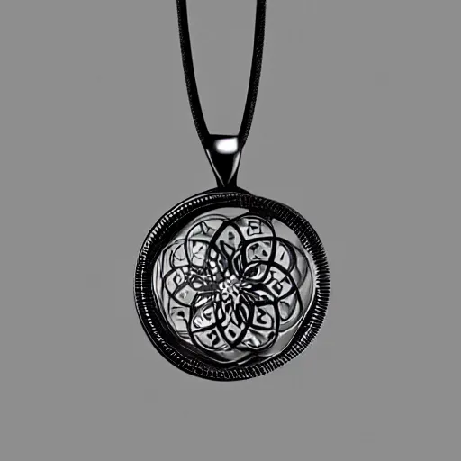 Prompt: an intricate ebony pendant floating in black space