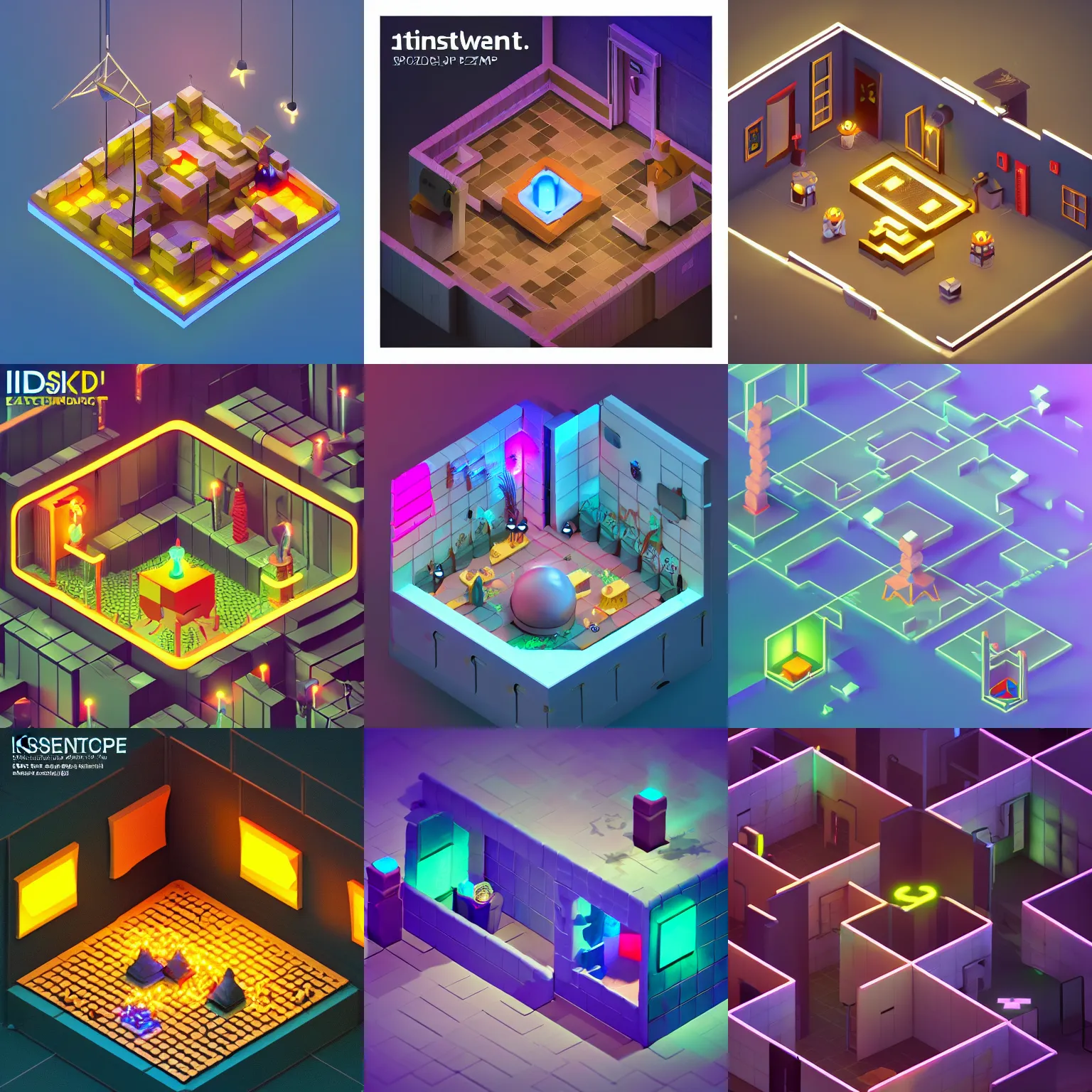 Prompt: isometric game art escape room with puzzles indoor, lights with bloom, trending on artstation, Mohamed Chahin style, vray render with ambient lights and volume 4k