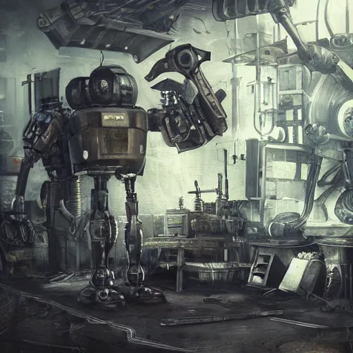 Image similar to cutlery mecha, dark messy smoke - filled cluttered workshop, dark, dramatic lighting, orange tint, cinematic, highly detailed, sci - fi, futuristic, movie still