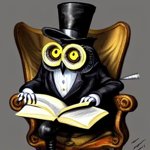 Prompt: a well-dressed owl wearing a monocle and a top hat, sitting in an armchair and reading a book, digital painting, concept art, trending on artstation, highly detailed