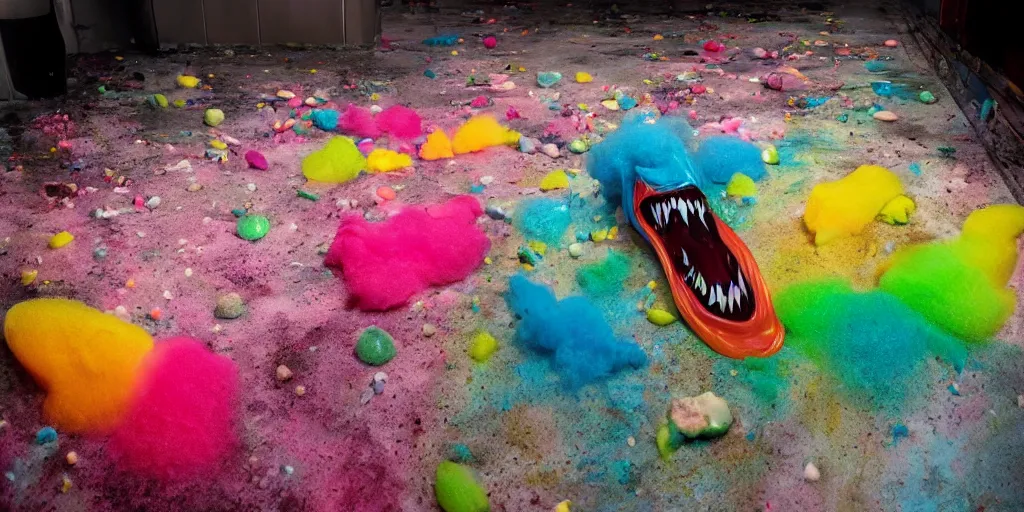 Image similar to a huge messy colorful puddle of runny rainbow sherbet on the floor of a abandoned ice cream parlor comes to life, the sherbet raises to stand in the shape of a evil clown with sharp scary fangs attacking. a legion of giant evil gummy bares are behind.