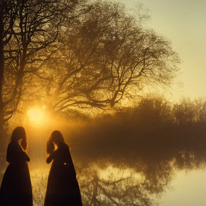 Prompt: a closeup portrait of a three - headed woman, floating in huge levitating luminescent orb, in a foggy pond, golden hour, by jan van eyck, canon eos c 3 0 0, ƒ 1. 8, 3 5 mm, 8 k, medium - format print