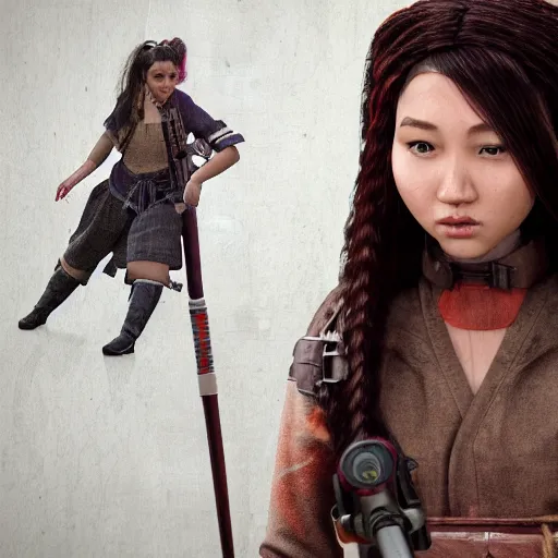 Image similar to beautiful feudal south American girl Ghostbuster, 1567 wavy hair like Brenda song, intricate complexity 8k character concept, ghostbusters, ghostbusters proton pack, ghostbusters trap , in feudal Japan, steampunk aesthetic, fresh food market people, fine line detail, cinematic quality, high octane, cry engine, 4k render, masterpiece, octane
