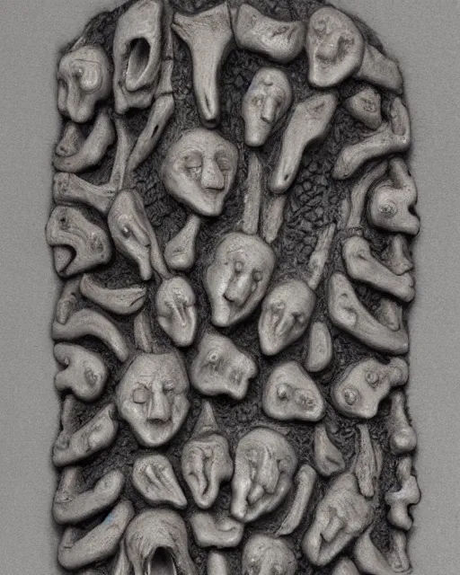 Prompt: a scapula incised with scores of small human faces with gaping mouths, dorset art, realistic, detailed, intricate