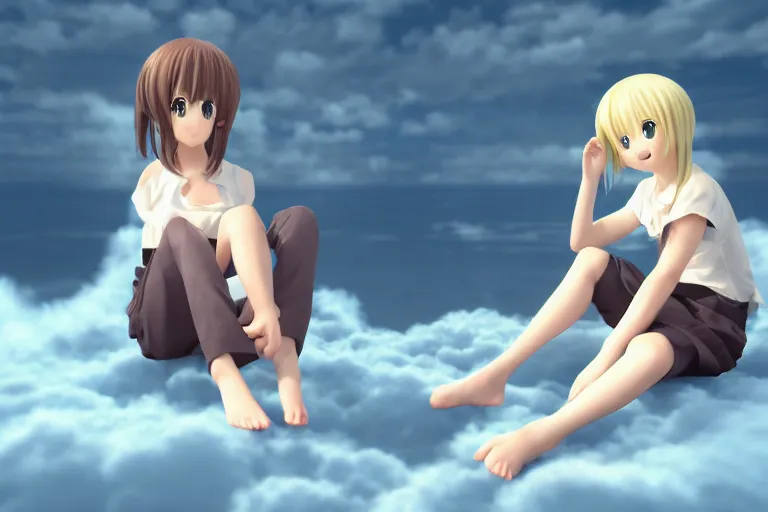 Prompt: a cute anime girl sitting on a cloud, blender render, anime,