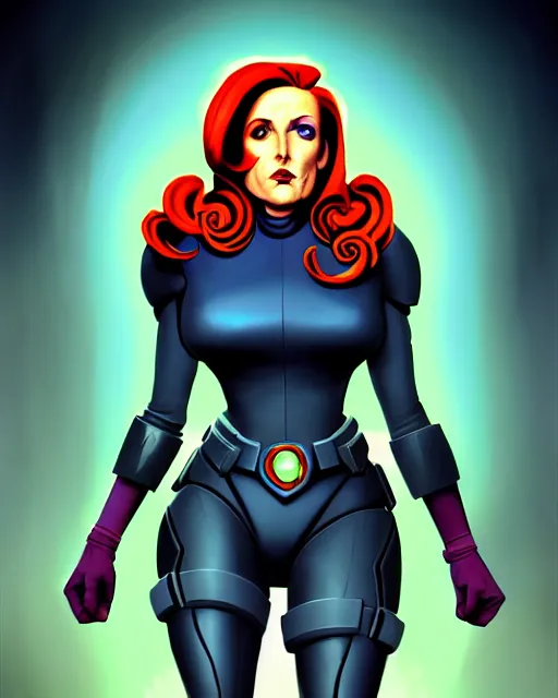 Image similar to dana scully as queen machine, supervillain, villainess, pulp femme fatale, comic cover painting, masterpiece artstation. 8 k, sharp high quality artwork in style of wayne reynolds and don bluth, concept art by jack kirby, blizzard warcraft artwork, hearthstone card game artwork