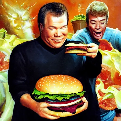 Prompt: portrait of william shatner feeding captain kirk giant hamburgers, extra bacon lettuce and tomatoes, an oil painting by ross tran and thomas kincade