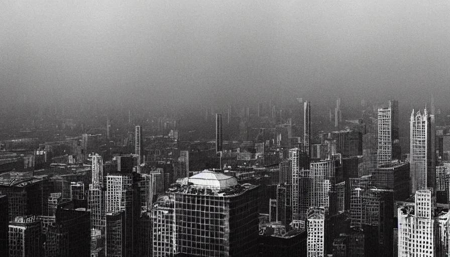 Prompt: art deco sports stadium on top of a skyscraper, Stacked city, Chicago, dark city, olympics event 1930's, moody lighting, cinematic, Road to Perdition stillframe, staring Jennifer Connely