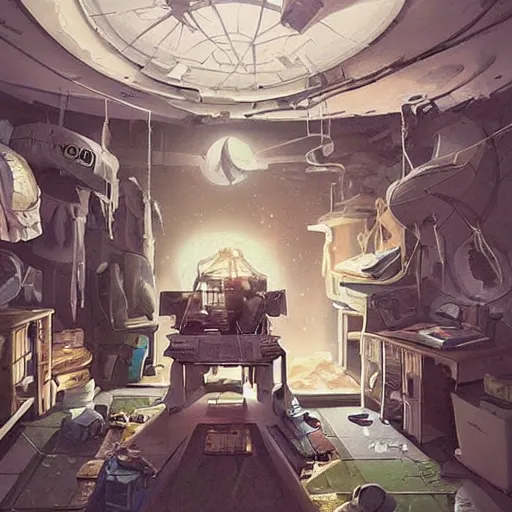 Image similar to detailed room in the sewer lair The room is a clutter if clothes and a bunkbed with space posters everywhere,soft,light,bright,epic,awesome,digital art, by Simon baek and Greg rutkowski