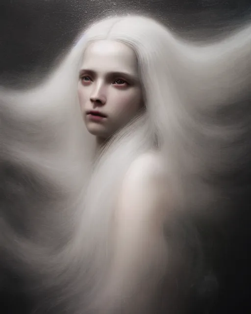Prompt: soft, dreamy, subsurface scattering, white, young beautiful goddess in cosmos with very long white hair floating in air, fluid smoke art, black and white, octane render, dino valls, mark ryden, joe fenton, michal karcz, highly detailed, rim light, art, cinematic lighting, very coherent, hyper realism, 8 k