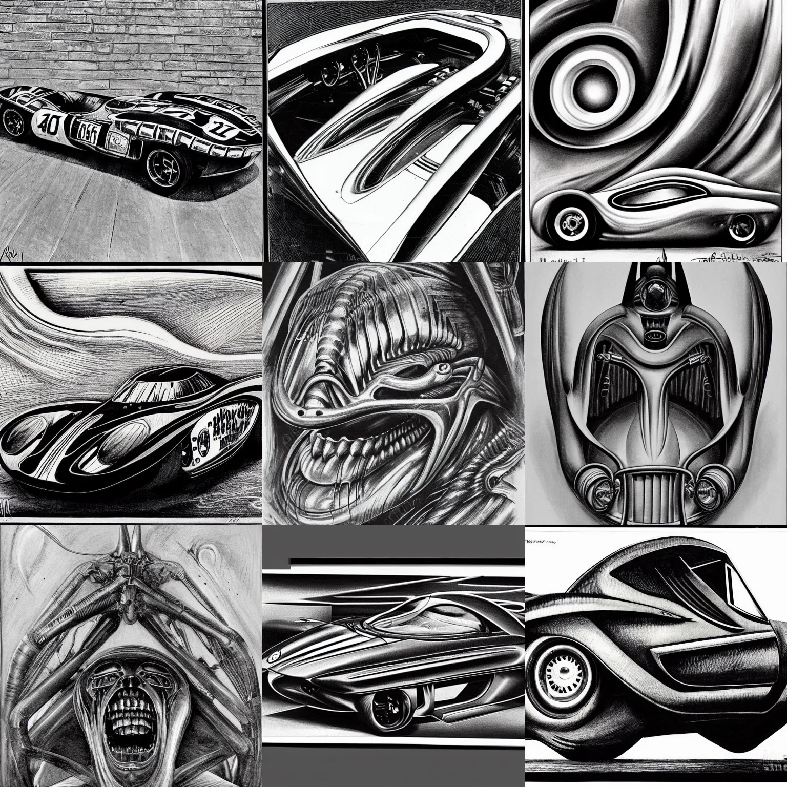 Prompt: 1960's race car, black and white, art by Giger, style of Giger, H. R. GIGER