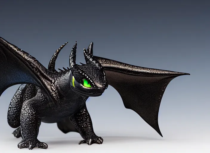 Image similar to realistic glowwave minature of toothless on a mysterious world, hyper realism, intricate detailed, 1 0 0 mm, photography, studio quality, smooth