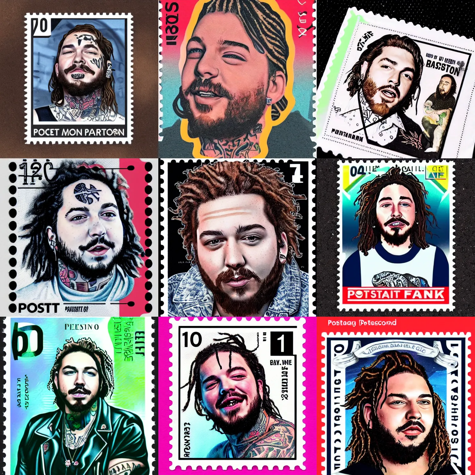 Prompt: portrait of post malone on a postage stamp. tattoos