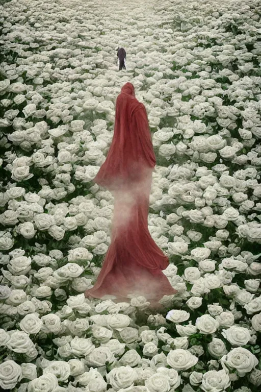 Image similar to Surreal Demon Floating in the air, in the middle of a garden of white roses, Cinematic environment, insanely detailed, mist, trending on artstation, golden ratio, ultra super good photography by Pete Morbacher and Zdzisław Beksiński