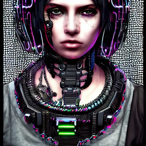 Image similar to detailed realistic cyberpunk female character cyberpunk wearing large steel collar around neck, realistic, art, beautiful, 4K, collar, choker, collar around neck, punk, artstation, detailed, female, woman, choker, cyberpunk, neon, punk, collar, choker, collar around neck, thick collar, choker around neck, wearing choker, wearing collar, bright neon punk hair, collar, choker,