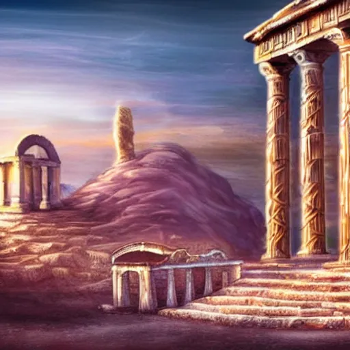 Image similar to Cinematic view of ancient fantasy city with greek architecture in a searing desert; fantasy art