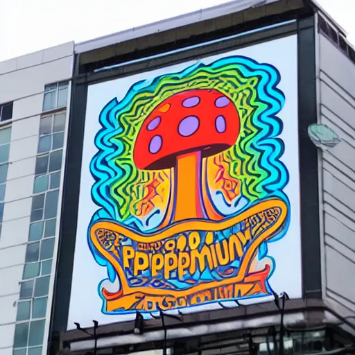 Prompt: psychedelic mushroom dispensary logo in a high billboard